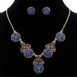 Gold Tone w/Blue & Purple Druzy Crystal Necklace & Stud Earring Set